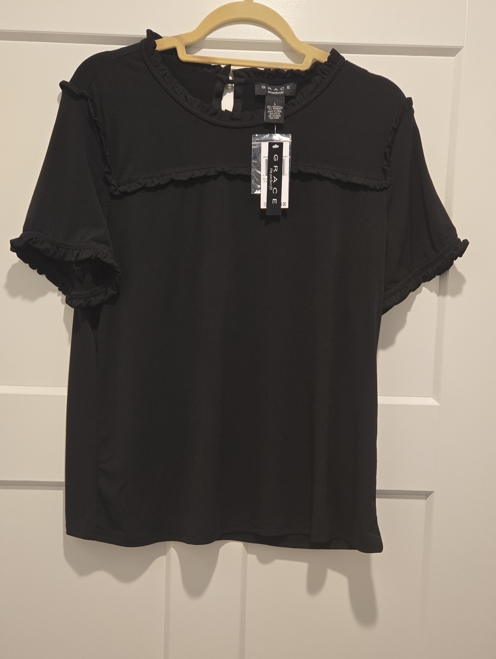 Grace Elements Black Short Sleeve Top with Ruffle Trim